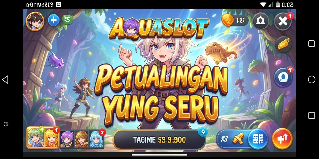 Tampilan utama gameplay AQUASLOT yang penuh warna dan karakter anime.