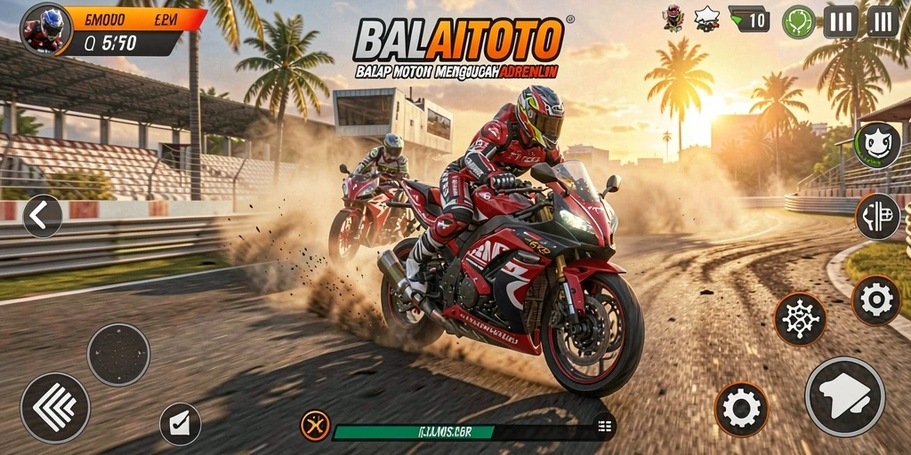 Screenshot utama BALAITOTO menampilkan aksi balap motor yang mendebarkan.