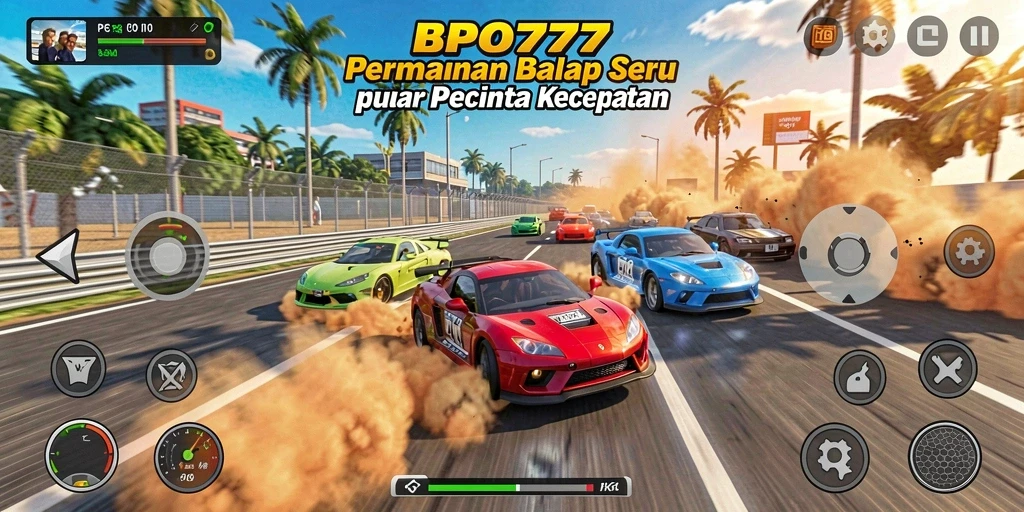 Screenshot BPO777 menampilkan aksi balap seru di trek.