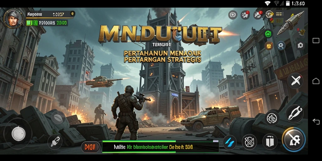 Tangkapan layar gameplay MNDUIT menunjukkan aksi Tower Defense intens.