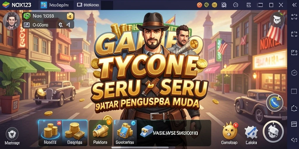 Tampilan gameplay NOX123 dengan strategi bisnis yang seru.