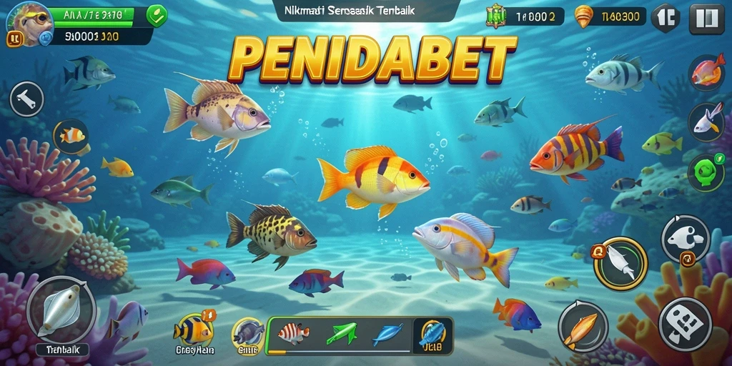 Tampilan aksi gameplay seru di PENIDABET dengan berbagai ikan untuk diburu.