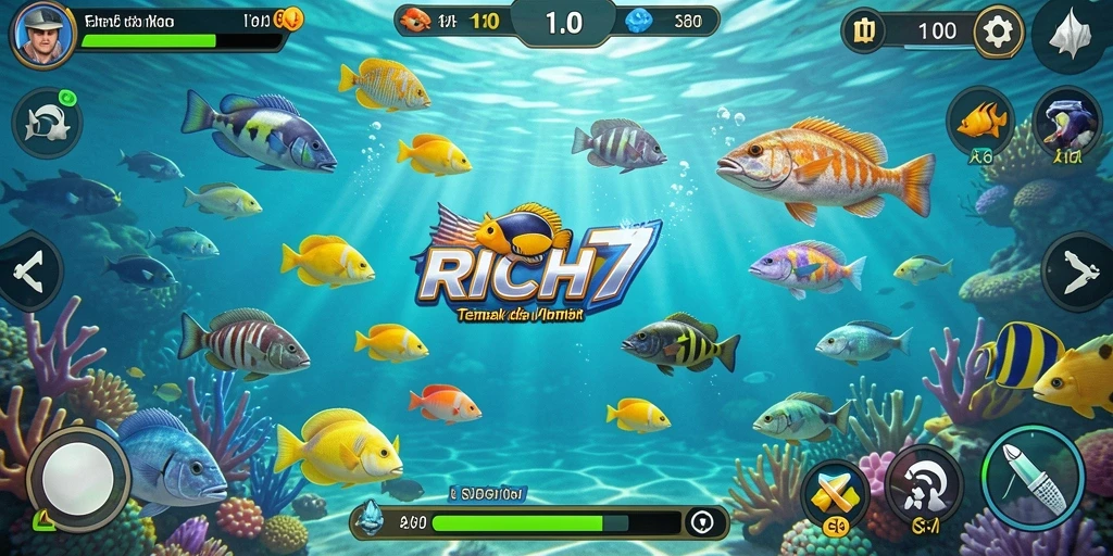 Tangkapan layar gameplay RICH7 menampilkan aksi Tembak Ikan yang seru.
